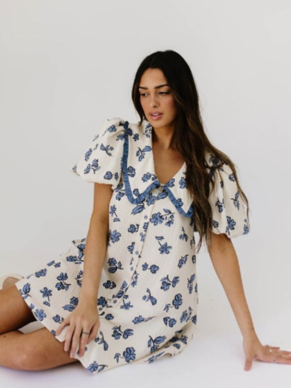 Poppy Collared Mini Dress Blue floral Print Size Small Ruffled Peter Pan Collar - Picture 8 of 14